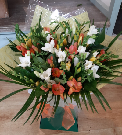 Mixed Freesia - We love this very popular bouquet of mixed freesias. The delicate looking flowers and gorgeous scent will make anyone smile. Suitable for any occasion and comes arranged in a presentation box with food and water so no need for a vase. Freesias are seasonal so we will advise you if we do not have and provide something else in similar colours.