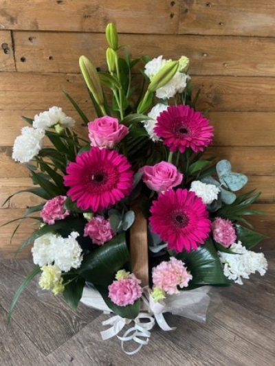 Baby Girl Arrangement - This is a beautiful gift to celebrate a new baby Girl.

Exact basket and flower used may vary depending on availbility. 

The size shown in picture is standard.